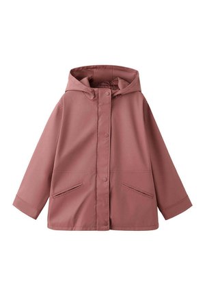Dusty pink hooded jacket with front snap buttons and two front slit pockets, shown on a white background.