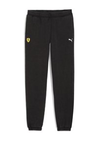 Sorte atletiske joggebukser med elastisk talje, tapered manchetter, med et gult Ferrari-logo og et hvidt Puma-logo på siden.