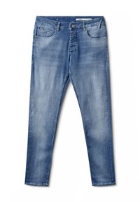 Kék farmernadrág, slim fit szabással. Öt zseb, gombos zárás, és világos kopás a comboknál. Simább textúra.