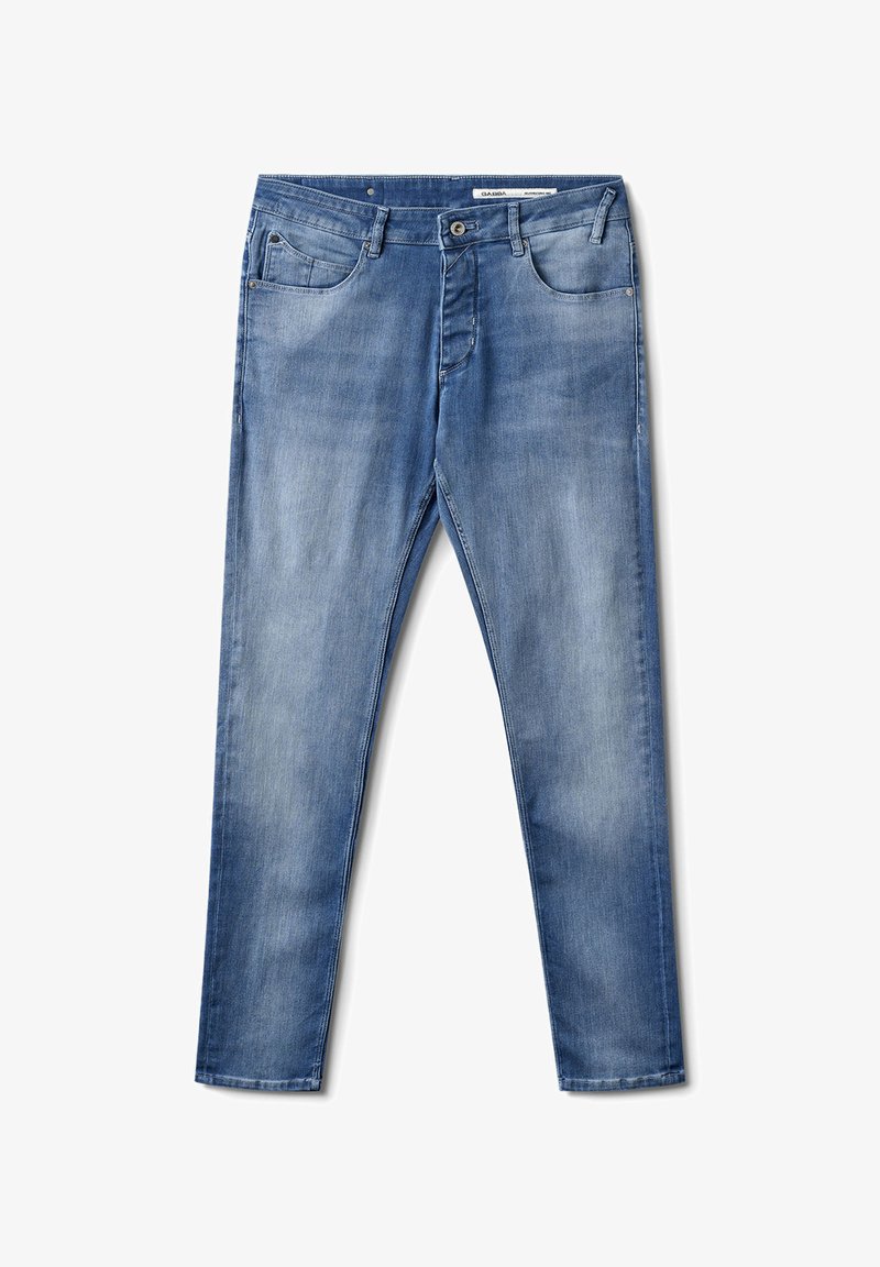 Zili džinsi ar šauru piegriezumu. Iekļauj piecas kabatas, pogu aizdari un vieglu izbalēšanu ap augšstilbiem. Gluda tekstūra.