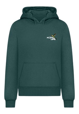 Tyrkysová mikina vyrobená z mäkkého materiálu, s predným vačkovým vreckom, rebrovanými manžetami a grafikou vtáka s textom "TOK ŽIVOTA".