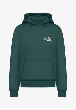 Tyrkysová mikina vyrobená z mäkkého materiálu, s predným vačkovým vreckom, rebrovanými manžetami a grafikou vtáka s textom "TOK ŽIVOTA".