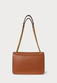 Brown leather handbag with a textured finish, rectangular shape, gold chain strap, and minimalistic design without visible hardware details.