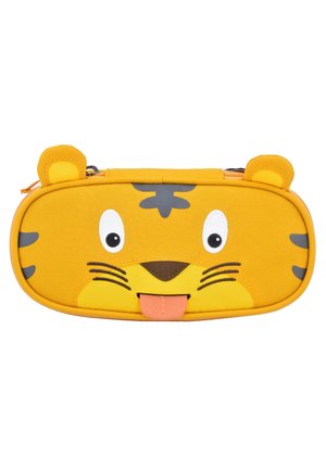 Yellow pencil case with a tiger face design, featuring black stripes, white eyes, and a pink tongue. Zipper closure with ear accents.