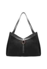 Zwarte suède handtas met een gebogen silhouet, voorzien van leren rand en een gouden gespaccent in het midden. Twee schouderbanden.