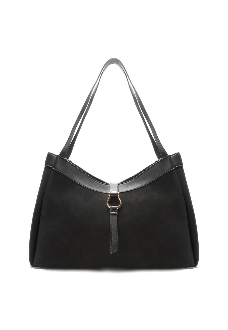 Zwarte suède handtas met een gebogen silhouet, voorzien van leren rand en een gouden gespaccent in het midden. Twee schouderbanden.