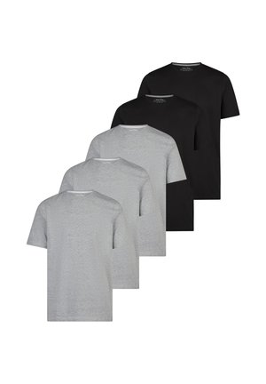 Fem ensfarvede T-shirts med korte ærmer og rund hals i grå og sort, lagt overlappende i en trappestillet lodret række.