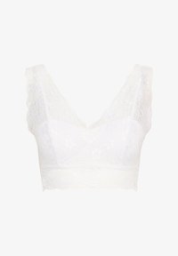 Bralette de encaje blanco con un escote en V pronunciado, bordes con volantes y un patrón floral en tela suave y texturada.