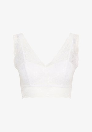 Hvid blondebralette med dyb V-udskæring, bølgede kanter og et blomstret mønster i blødt, struktureret stof.