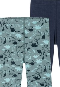Zwei Leggings: eine mit einem Dinosaurier-Muster in grünlich-blau und schwarz; die andere einfarbig marineblau. Beide bestehen aus einem weichen, dehnbaren Material.