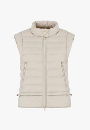 Beżowa kamizelka bez rękawów z wysokim kołnierzem, pikowanym wzorem, przednim zamkiem błyskawicznym i bocznymi kieszeniami z akcentami w kolorze złotym.