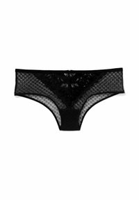 Zwarte kanten lingeriebroek met doorschijnende panelen en een stevige stof aan de voorkant. Heeft een bloemenpatroon op de kant en een elastische tailleband.