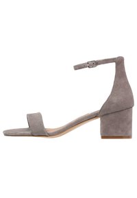 Gray suede block-heeled sandals with a wide front strap and adjustable ankle strap, featuring a smooth texture and minimalist design.