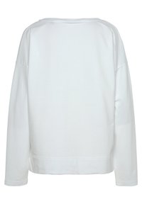 White, long-sleeve sweatshirt with a relaxed fit, wide neckline, and ribbed cuffs. Smooth texture and simple design, no visible patterns or logos.
