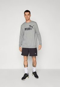 Szürke hosszú ujjú pulóver fekete "PUMA" logóval, fekete rövidnadrággal párosítva. A modell fehér zoknit és fekete sportcipőt visel.