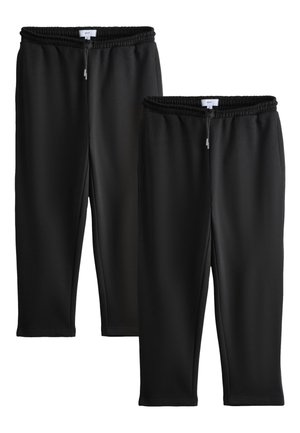 To sorte elastiske joggingbukser med snøre i taljen, tilspidsede ben, enkelt design, vist side om side på hvid baggrund.