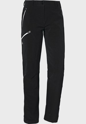 Schwarze Outdoor-Hosen aus strapazierfähigem Stoff, ausgestattet mit zwei Reißverschlusstaschen und einer taillierten Form für funktionales Design und Komfort.
