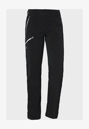 Schwarze Outdoor-Hosen aus strapazierfähigem Stoff, ausgestattet mit zwei Reißverschlusstaschen und einer taillierten Form für funktionales Design und Komfort.