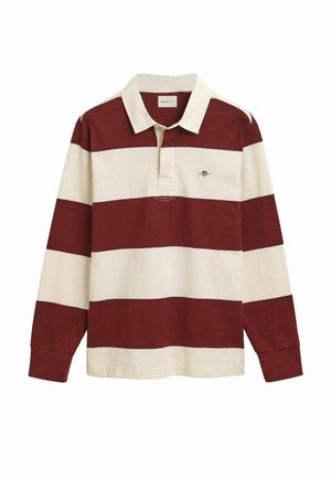 Bordeauxrot- und cremefarben gestreiftes Langarm-Polohemd mit Kragen und gesticktem Logo auf der Brust. Aus weichem Baumwollstoff.