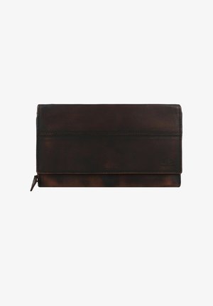 Braune Lederbrieftasche mit glatter Textur, einem Reißverschluss am Boden und einem dezenten Logo auf der Vorderseite. Schlankes und rechteckiges Design.