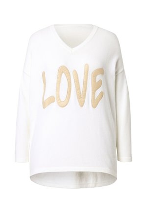 Biały sweter z dekoltem w serek, z teksturowanym beżowym napisem "LOVE" z przodu, luźny krój i nieco wydłużony tylny hem.
