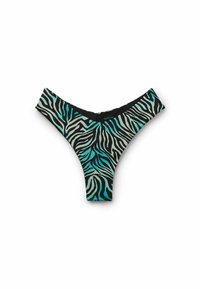 Tanga negro con un estampado de cebra en tonos de teal y gris. Fabricado con un tejido suave y un diseño minimalista.