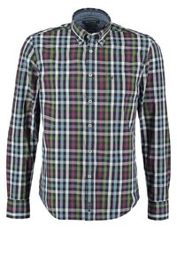 Karierte Langarmbluse mit verschiedenen Farben, darunter Grün, Blau und Bordeaux. Mit Button-Down-Kragen und Tasche. Material aus Baumwollmischung.