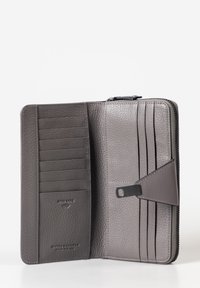 Gray leather wallet with a zip closure, multiple card slots, textured interior, and RFID-safe feature embossed inside.