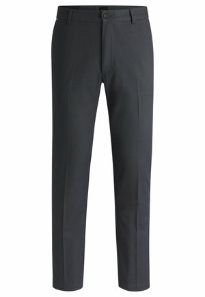 Dark gray trousers made from woven fabric, featuring a button closure, flat front design, and straight legs with a smooth texture.