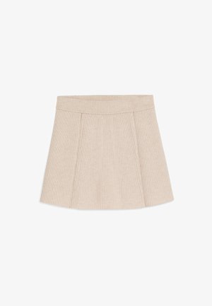 Beige geribbelde minirok met een aansluitende tailleband en geplooid ontwerp, gemaakt van een gestructureerde stof, met een uitlopende vorm en nette randen.