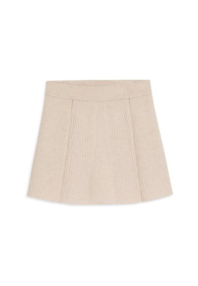Beige gerippter Minirock mit einem eng anliegenden Bund und plissierter Gestaltung, aus einem strukturierten Stoff gefertigt, mit einem ausgestellten Schnitt und sauberen Kanten.