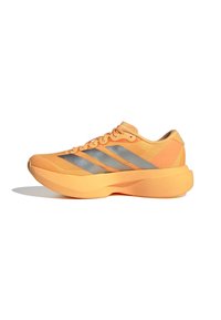 Orange running shoe with thick sole and three silver stripes on the side, shown from the outer side on a white background.