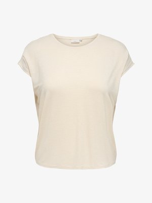 Beżowy prążkowany sweterek z krótkim rękawem, okrągłym dekoltem i luźnym krojem.