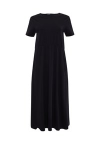 Robe maxi noire à manches courtes en tissu doux, avec un col rond et une couture de taille définie, accompagnée d'une jupe fluide.