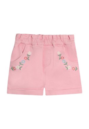 Shorts roses en coton, dotés d'une taille élastique, de deux poches et d'une broderie florale à l'avant. Texture lisse, design décontracté.