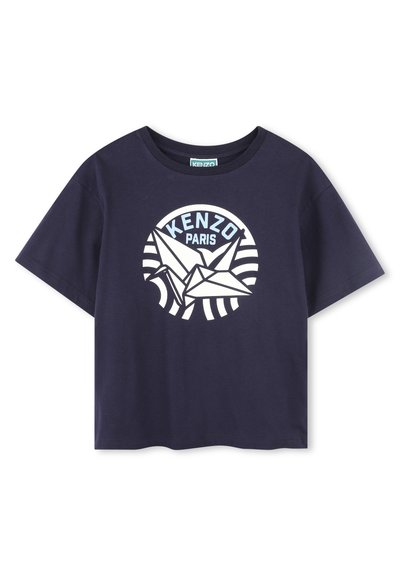 Navy blue short-sleeve t-shirt made of cotton, featuring a white and light blue graphic design with "KENZO" and stylized cranes.