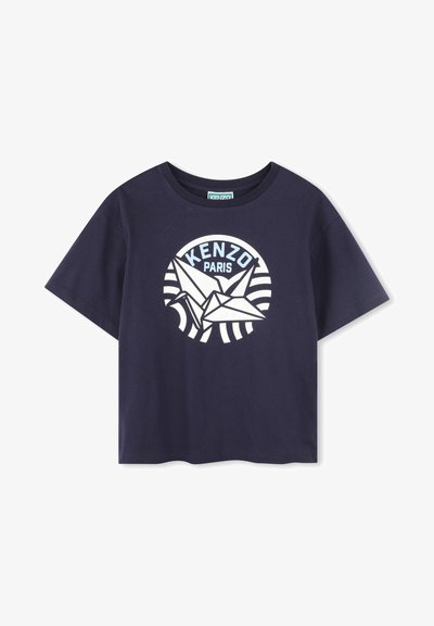 Navy blue short-sleeve t-shirt made of cotton, featuring a white and light blue graphic design with "KENZO" and stylized cranes.