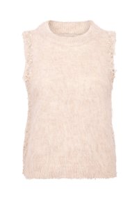 Mouwloze gebreide trui in lichtbeige, gemaakt van pluizig garen, met parelachtige versieringen rond de armsgaten voor extra detail.