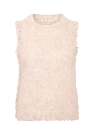 Ärmelloser Strickpullover in hellem Beige, aus flauschigem Garn gefertigt, mit perlenartigen Verzierungen entlang der Armöffnungen für zusätzlichen Detailreichtum.