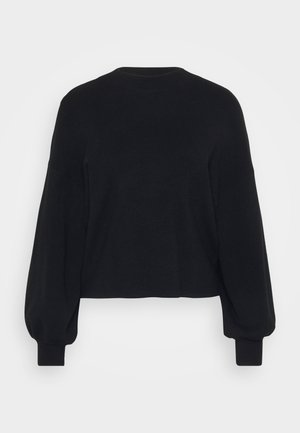 Black pullover sweater, cropped design, ribbed texture, puffed long sleeves, and a round neckline. Simple and versatile for various outfits.