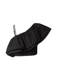 Schwarzes Off-Shoulder-Top mit einem gestuften Rüschendesign, hergestellt aus leichtem Stoff mit verstellbaren Trägern und einer verkürzten Silhouette.