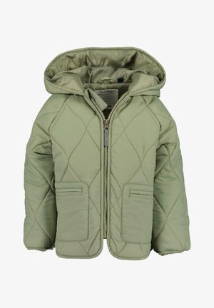 Veste matelassée verte avec capuche, fermeture éclair frontale et deux poches avant. Fabriquée en tissu lisse et léger avec une finition mate.