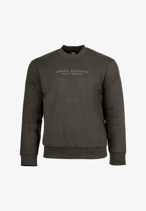 Tummanharmaa pitkähihainen collegepaita, jossa rintakehällä keskitetty "Armani Exchange Milano / New York" -teksti sekä resorireunukset hihoissa ja helmassa.