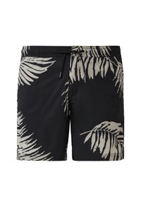 Schwarze Badeshorts mit beigem tropischem Palmenblattdruck und verstellbarem schwarzen Kordelzugbund.