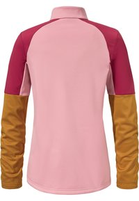 Langarmshirt mit einem pinken Körper, dunkelrosa Schultern und senfgelben Ärmeln. Hergestellt aus glattem, leichtem Stoff.