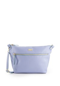 Helllila Crossbody-Tasche aus Leder mit goldenen Details, einem oberen Reißverschluss und einer Außentasche mit Reißverschluss für zusätzlichen Komfort.