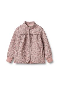 Różowa pikowana kurtka z teksturowaną tkaniną, ściągaczami na rękawach i zamkiem błyskawicznym. Posiada boczne kieszenie i okrągły kołnierz.
