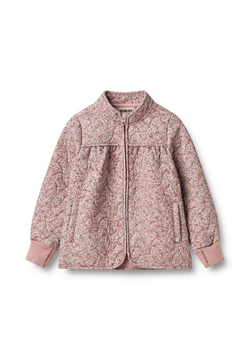 Różowa pikowana kurtka z teksturowaną tkaniną, ściągaczami na rękawach i zamkiem błyskawicznym. Posiada boczne kieszenie i okrągły kołnierz.
