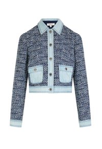 Krótka kurtka wykonana z teksturowanej tkaniny w kolorze granatowym z akcentami dżinsowymi, zapinana na guziki, z dwoma przednimi kieszeniami. Kolorystyka niebiesko-biała.
