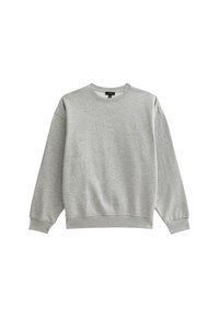 Sudadera gris de mezcla de algodón, con cuello redondo, mangas largas, puños y dobladillo acanalados. Textura suave sin patrones ni gráficos.